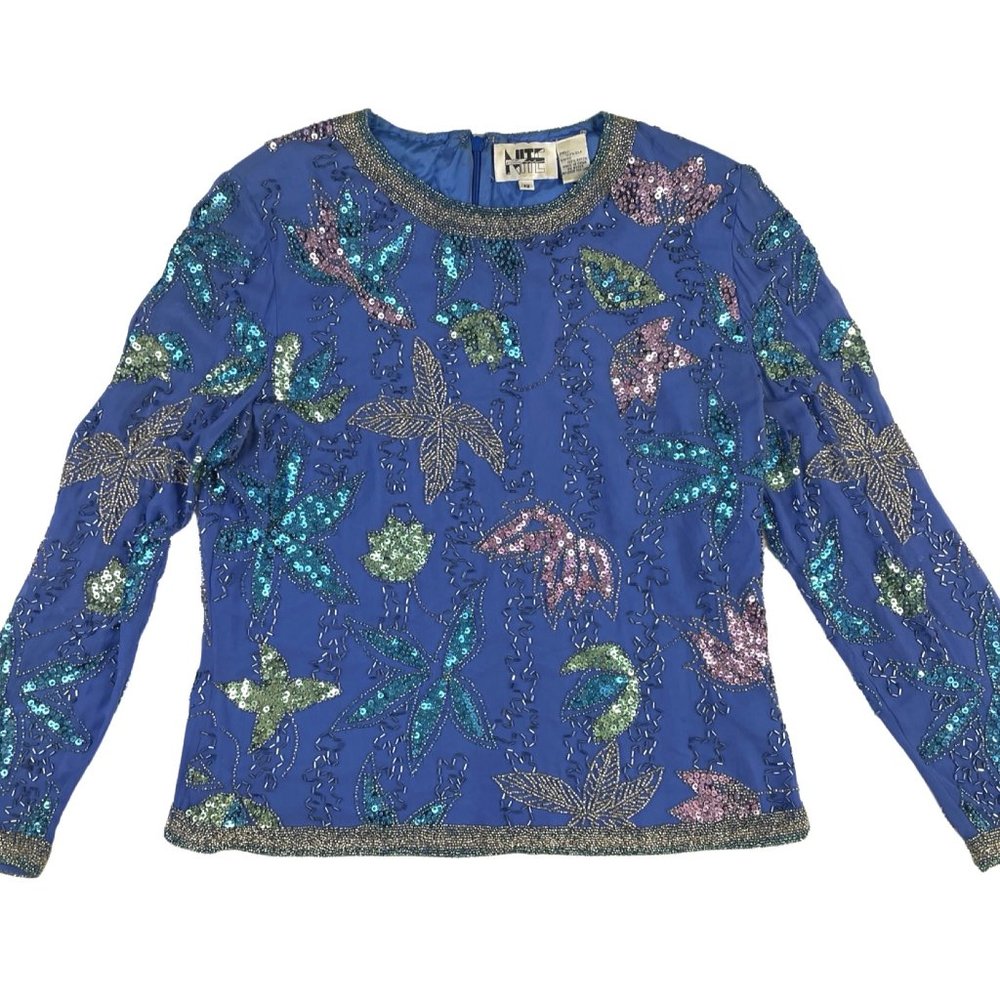 Vintage Beaded Top 1990s Blue Pink Silver Long Sleeve Sequin Blouse Medium Large